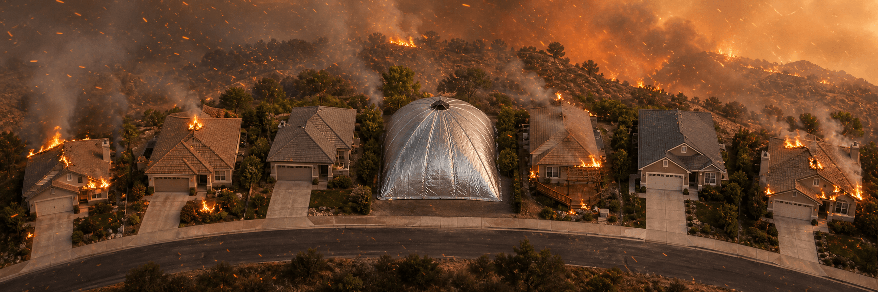 Semi-aerial neighborhood concept with four ember-ignited homes, two exposed intact homes, and one home fully enclosed by a deployed silver PyroVeil system
