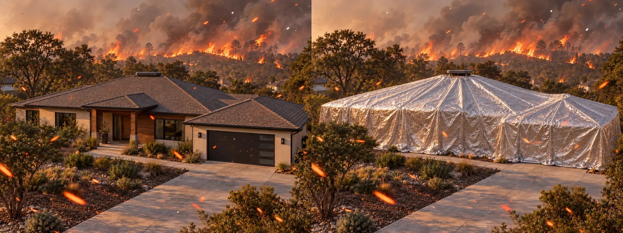 Matched views of the same California home before PyroVeil deployment and fully enclosed by the silver system during nearby wildfire and ember exposure