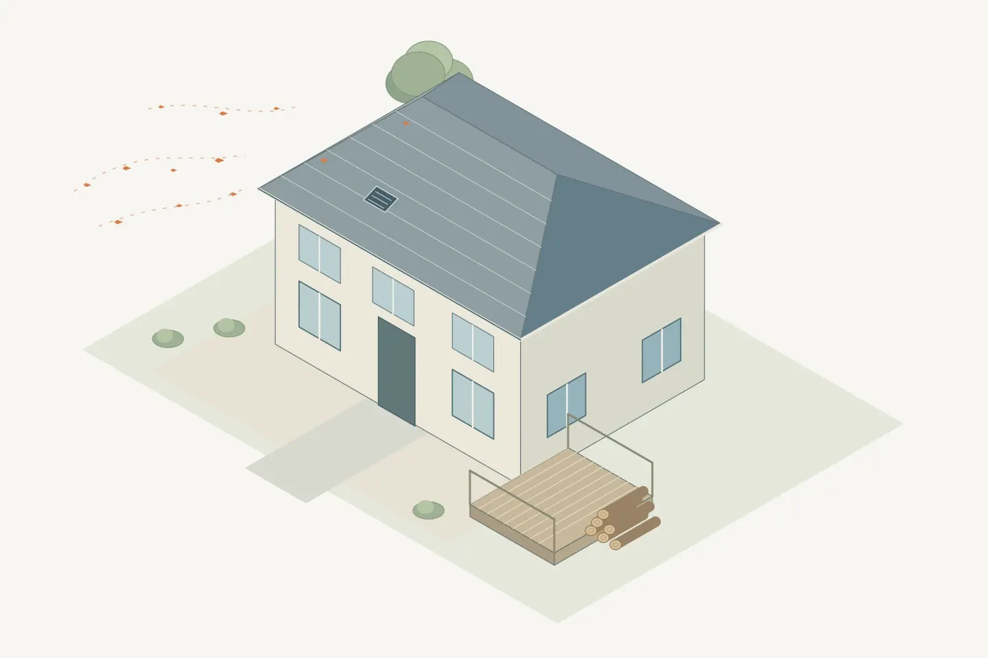 Exterior illustration of a house with sparse airborne embers, a roof vent, a deck, and adjacent stored material.