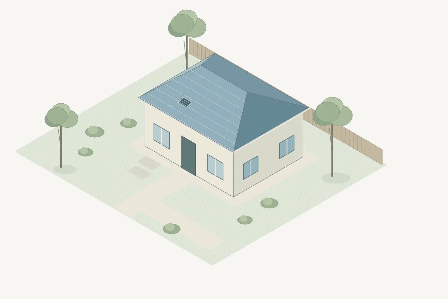 Architectural illustration distinguishing building features from the planted lot around a home.