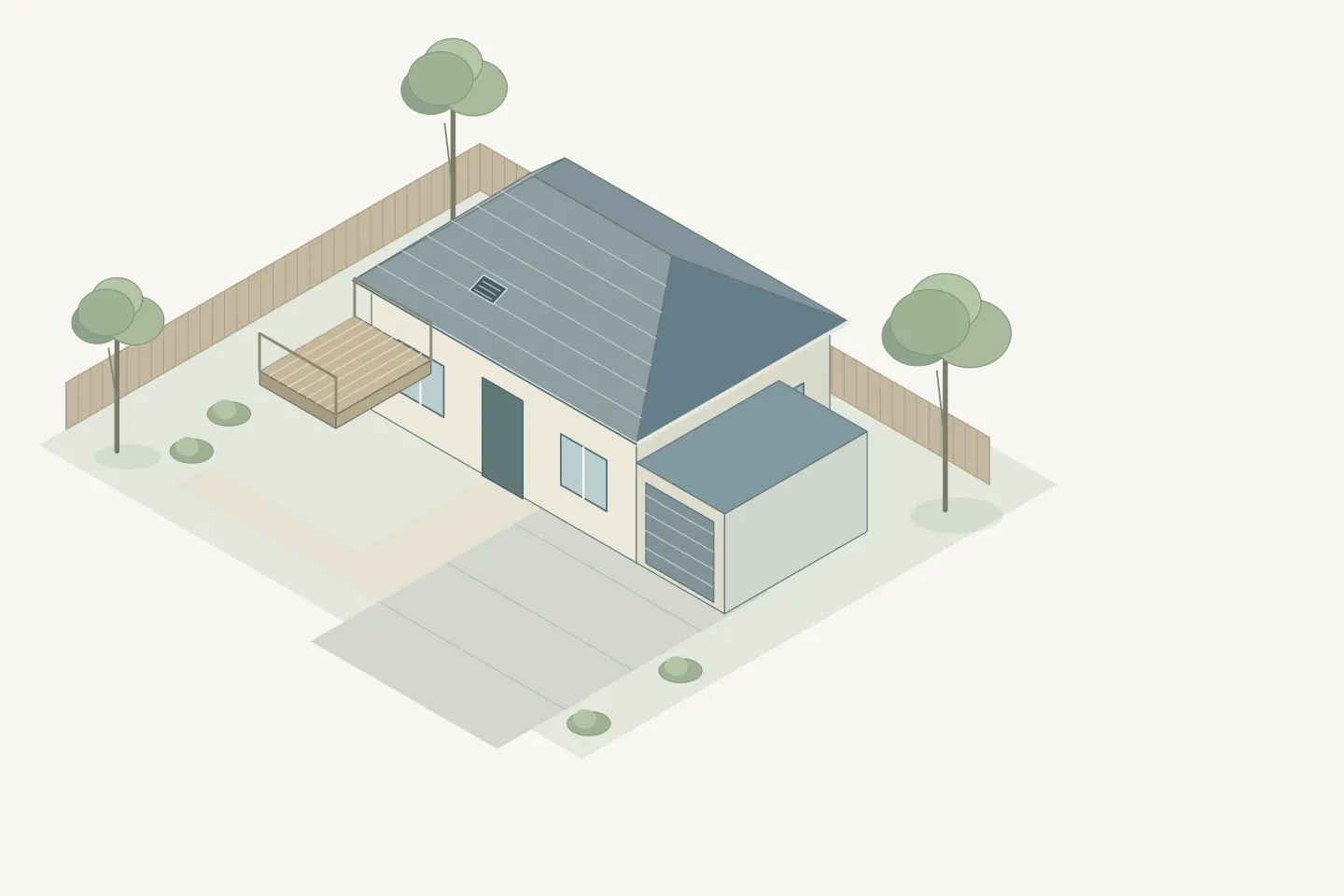 Property illustration showing a house, roof, driveway, yard, deck, and fence for a homeowner review.