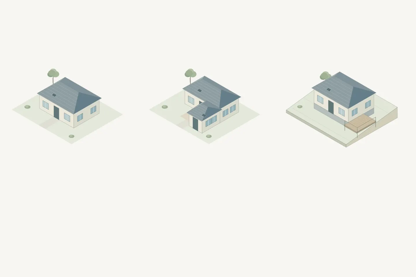 Three generic uncovered properties show a simple footprint, an articulated footprint, and a sloped site with an attachment.
