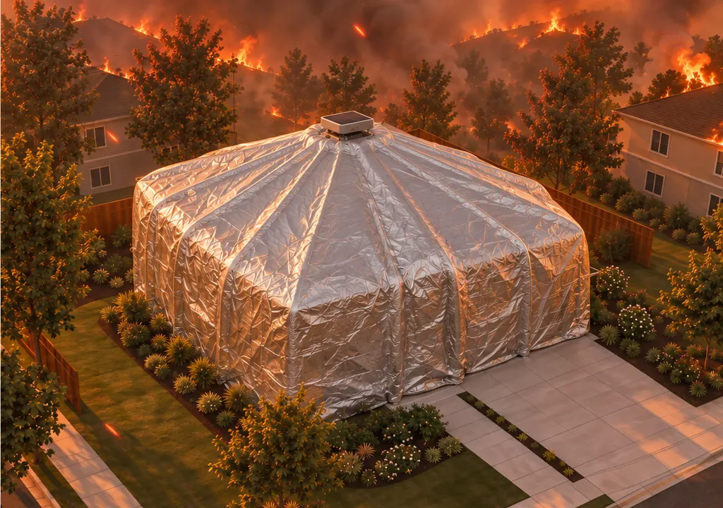 The same home enclosed to ground level by the deployed semi-reflective silver PyroVeil blanket