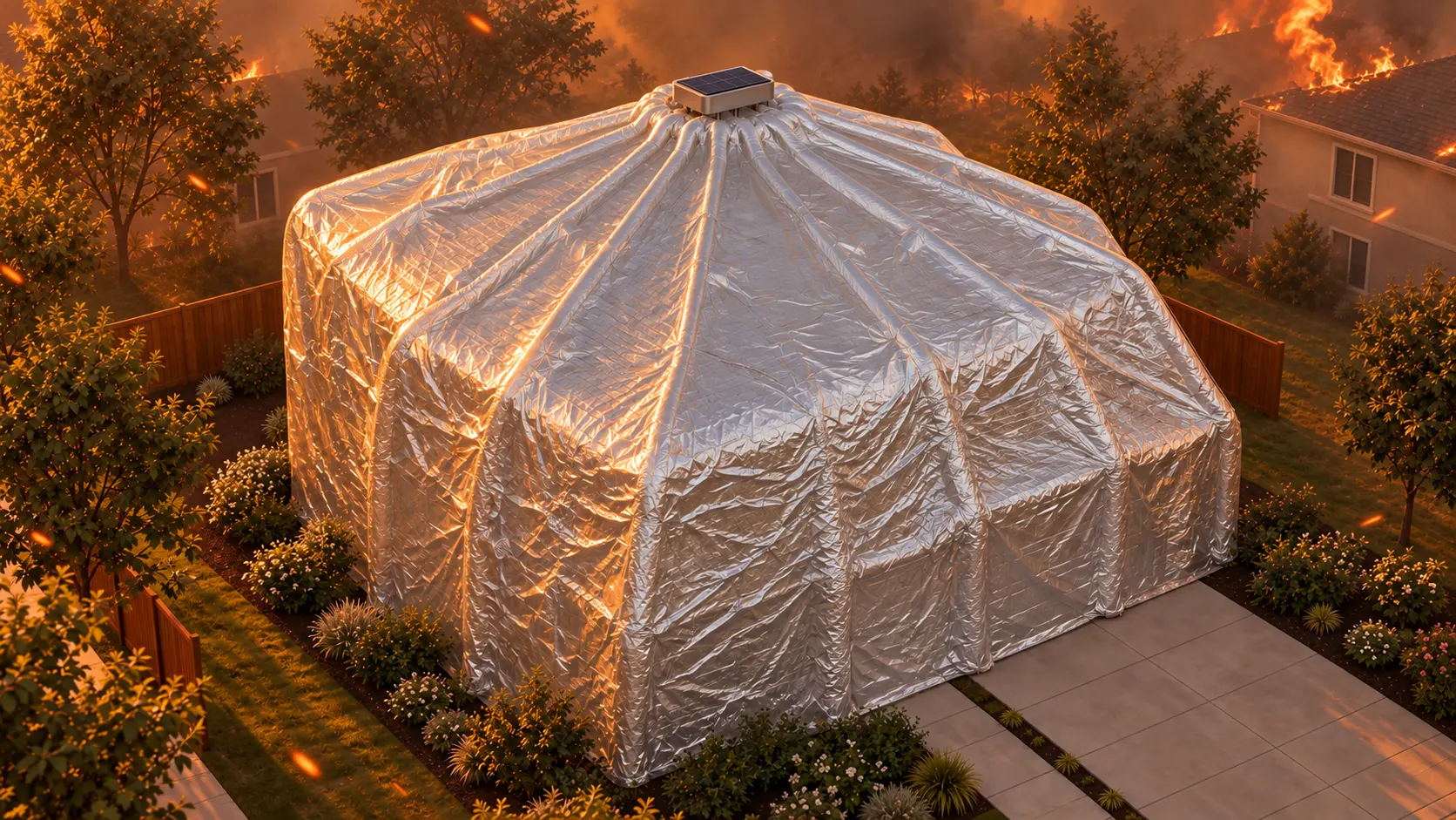 Elevated close view of a home fully enclosed by the silver PyroVeil membrane with radial pneumatic contours extending from the roof cassette