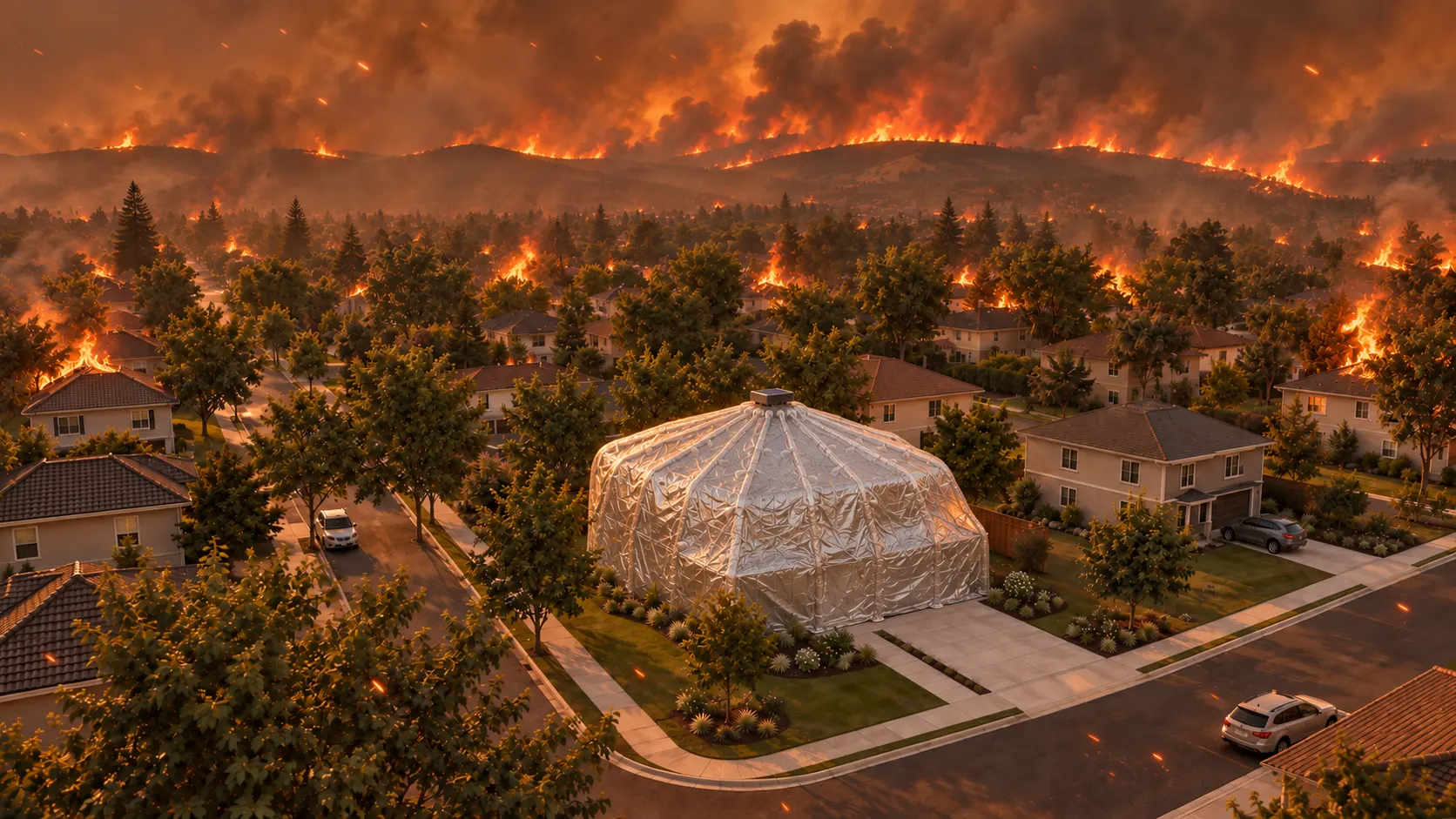 Photorealistic visualization of a silver PyroVeil enclosure around a home during a neighborhood wildfire